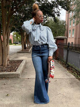 Load image into Gallery viewer, Pinstriped Neck Bow Blouse