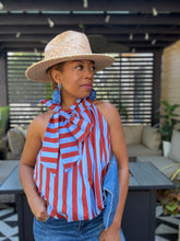 Load image into Gallery viewer, Pussy Bow Striped Bubble Top - Sky Blue/Dark Red