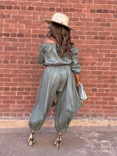 Load image into Gallery viewer, Taffeta Off Shoulder Harem Pant Set - Olive
