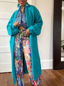 Balloon Sleeve Maxi Cardigan - Turquoise