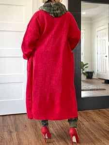 Balloon Sleeve Maxi Cardigan - Red