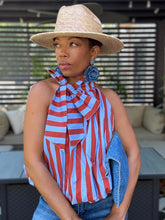 Load image into Gallery viewer, Pussy Bow Striped Bubble Top - Sky Blue/Dark Red
