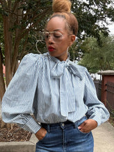 Load image into Gallery viewer, Pinstriped Neck Bow Blouse