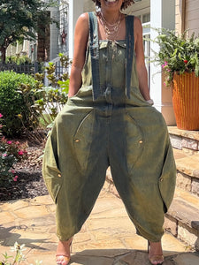 2 Tone Denim Washed Barrel Overalls
