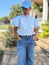 Load image into Gallery viewer, Polka Dot Tuxedo Pleat Top - Baby Blue