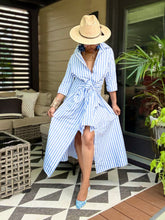 Load image into Gallery viewer, Oxford Pinstripe Tie Waist Dress - Blue