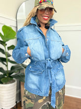 Load image into Gallery viewer, Belted Cargo Denim Jacket