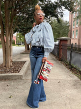 Load image into Gallery viewer, Pinstriped Neck Bow Blouse
