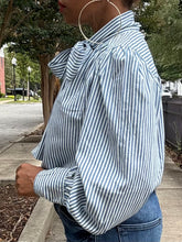 Load image into Gallery viewer, Pinstriped Neck Bow Blouse
