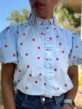 Load image into Gallery viewer, Polka Dot Tuxedo Pleat Top - Baby Blue