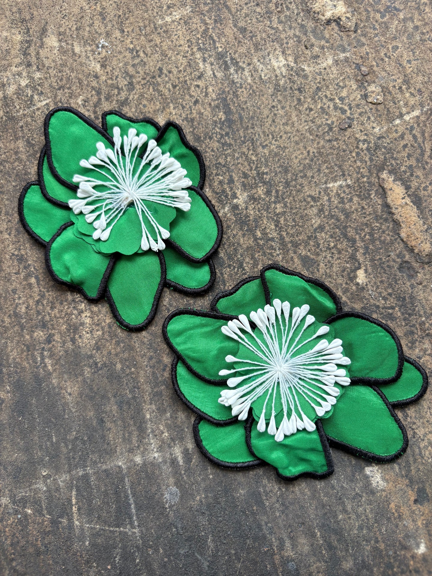 Trimmed Fabric Flower Earrings - Green