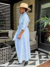 Load image into Gallery viewer, Oxford Pinstripe Tie Waist Dress - Blue