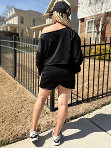 Denim Patchwork SweatShort Set - Black