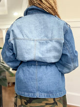 Load image into Gallery viewer, Belted Cargo Denim Jacket