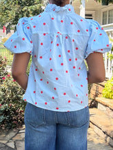 Load image into Gallery viewer, Polka Dot Tuxedo Pleat Top - Baby Blue