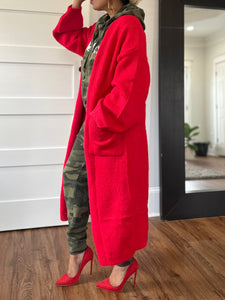 Balloon Sleeve Maxi Cardigan - Red