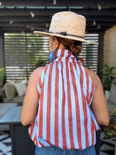 Load image into Gallery viewer, Pussy Bow Striped Bubble Top - Sky Blue/Dark Red