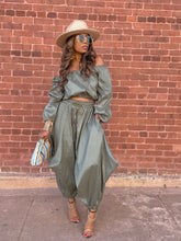 Load image into Gallery viewer, Taffeta Off Shoulder Harem Pant Set - Olive