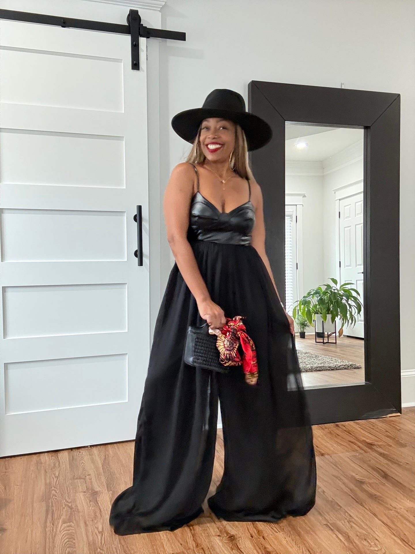 Faux Leather & Chiffon Pleated Jumpsuit