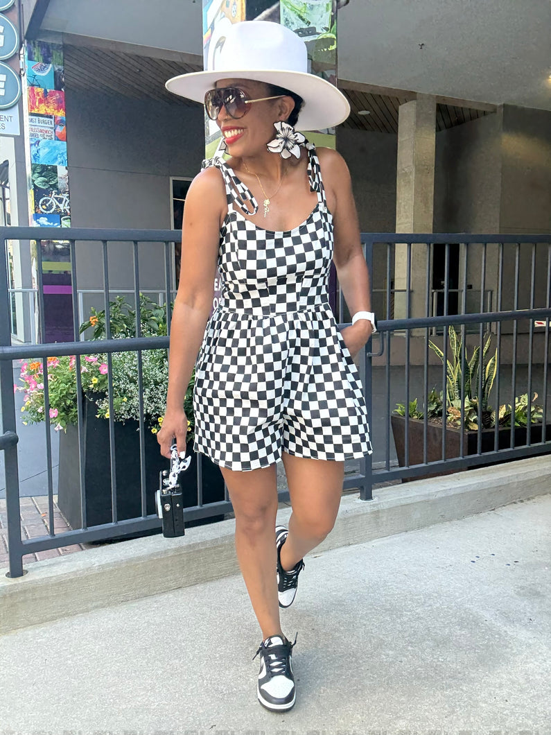 Check Print Denim Romper