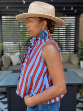 Load image into Gallery viewer, Pussy Bow Striped Bubble Top - Sky Blue/Dark Red