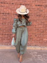 Load image into Gallery viewer, Taffeta Off Shoulder Harem Pant Set - Olive