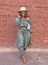 Load image into Gallery viewer, Taffeta Off Shoulder Harem Pant Set - Olive