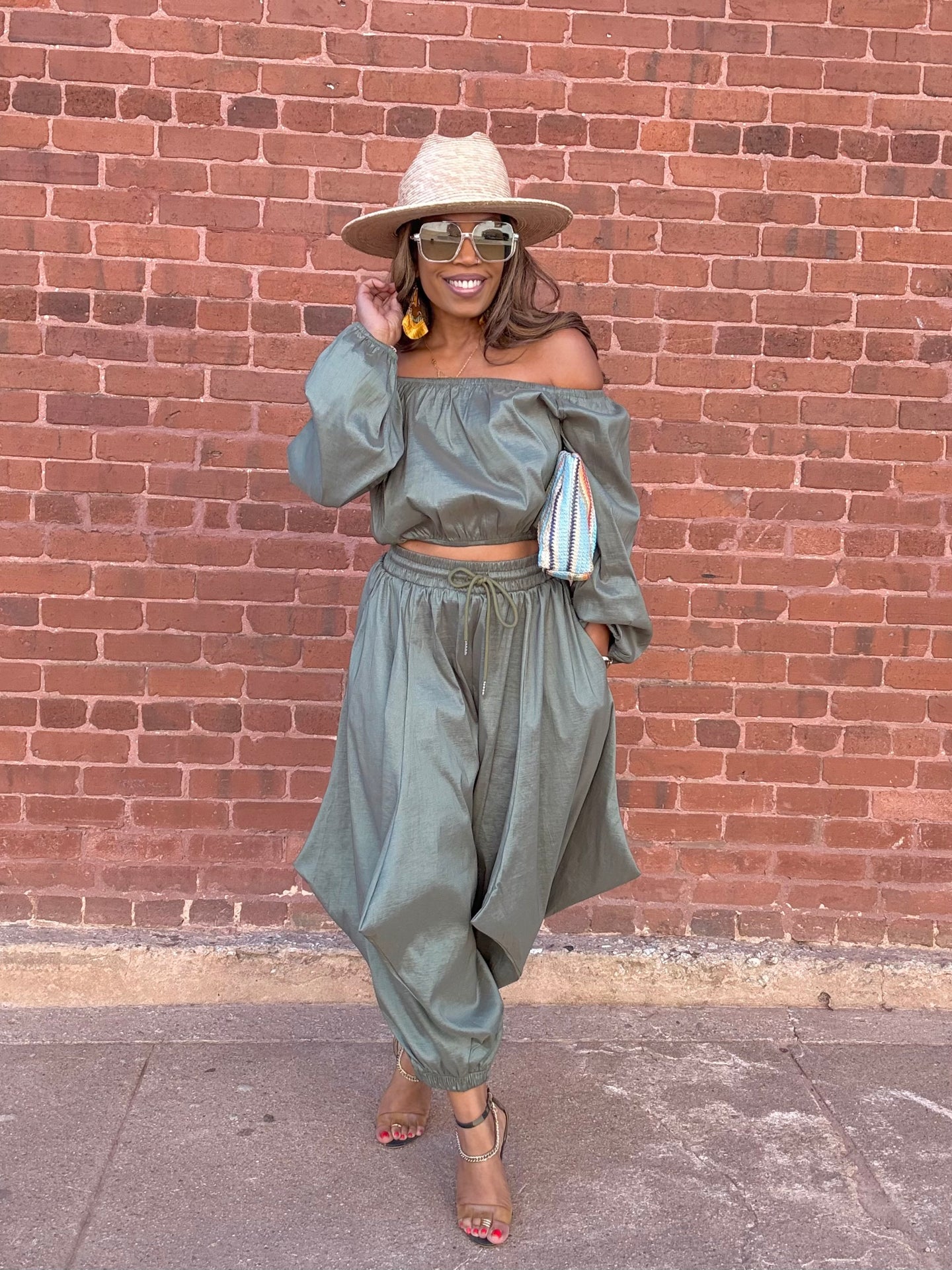 Taffeta Off Shoulder Harem Pant Set - Olive