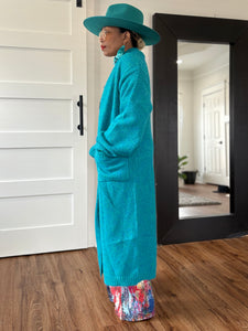 Balloon Sleeve Maxi Cardigan - Turquoise