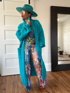 Balloon Sleeve Maxi Cardigan - Turquoise