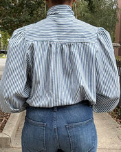 Load image into Gallery viewer, Pinstriped Neck Bow Blouse