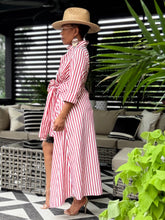 Load image into Gallery viewer, Oxford Pinstripe Tie Waist Dress - Red