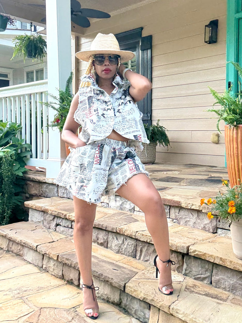 Denim Newspaper Short Set