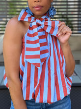Load image into Gallery viewer, Pussy Bow Striped Bubble Top - Sky Blue/Dark Red