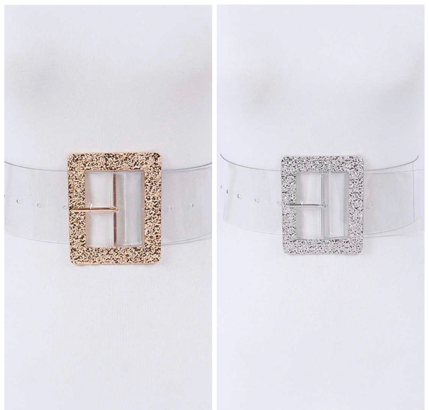 Silver/Gold Textured Buckle Clear Wide Belt