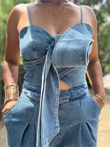 Bow Front Denim Jumpsuit