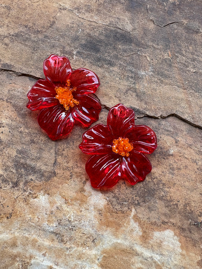 Acrylic Flower Earrings - Red