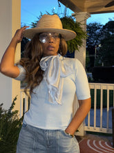 Load image into Gallery viewer, Ribbon Neck Tie Knit Top - Ice Blue
