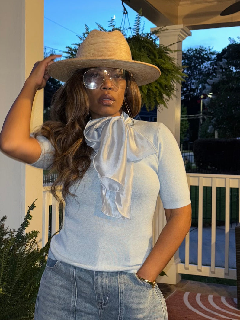 Ribbon Neck Tie Knit Top - Ice Blue