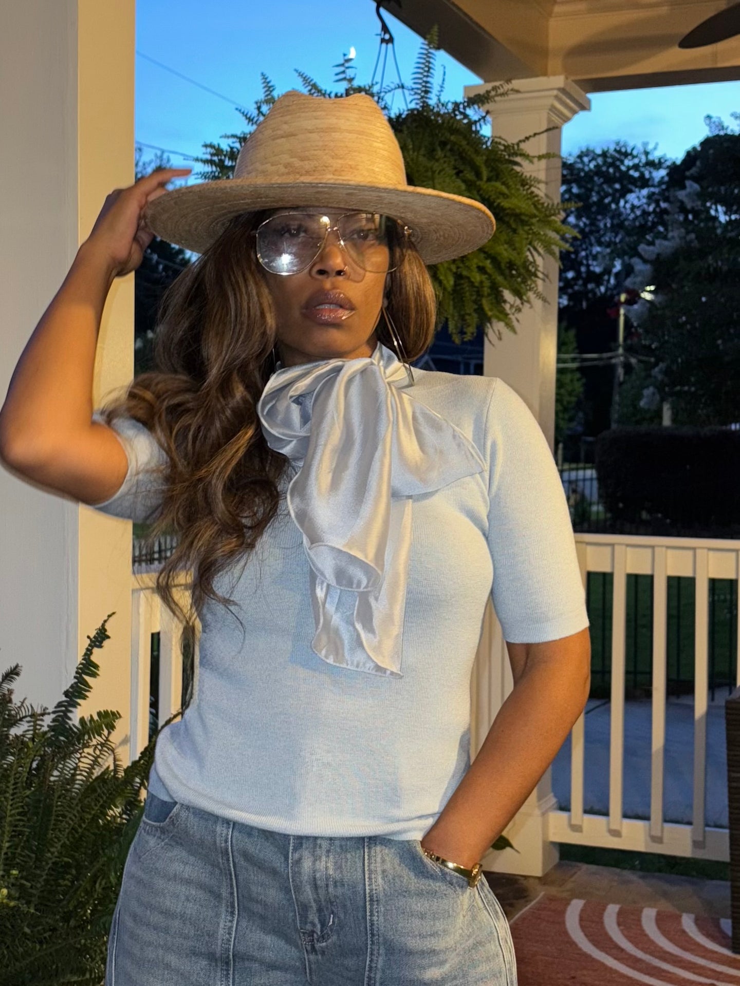 Ribbon Neck Tie Knit Top - Ice Blue