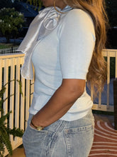 Load image into Gallery viewer, Ribbon Neck Tie Knit Top - Ice Blue