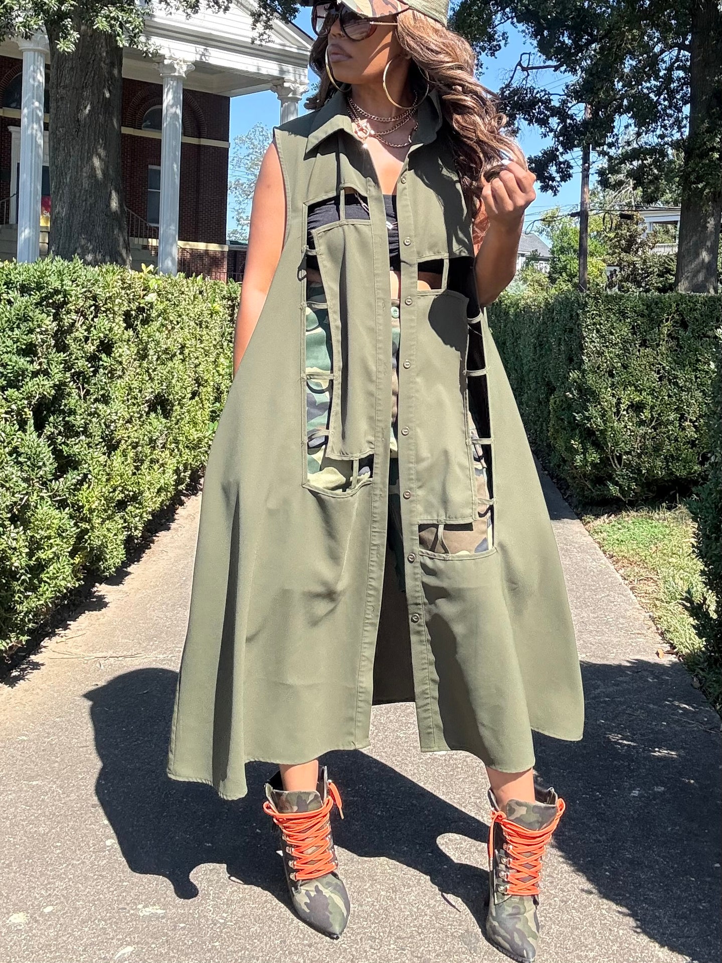Cut Out Design Shirt Dress - Olive