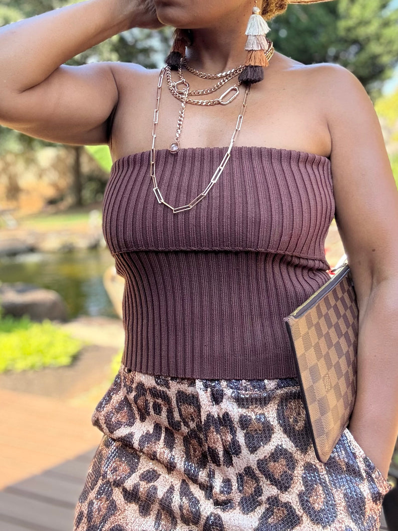 Folded Knit Tube Top - Brown