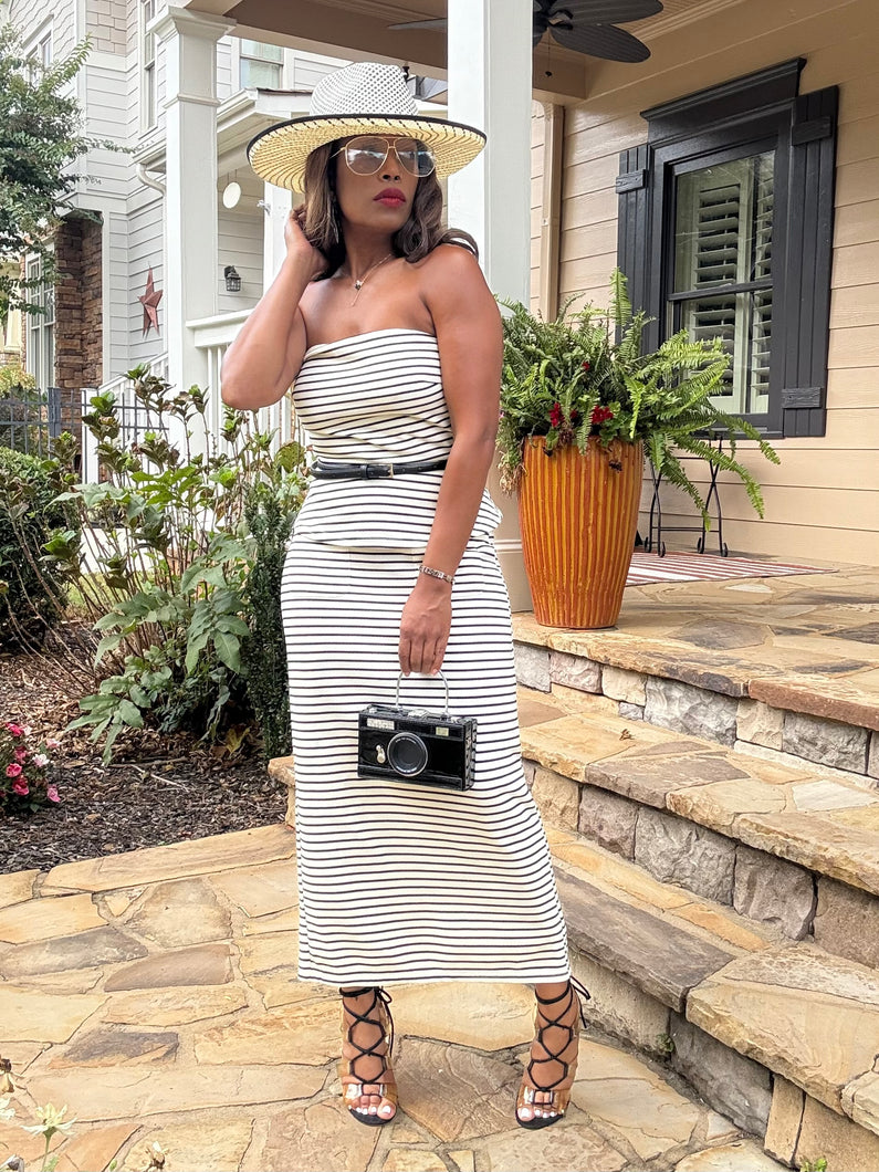 Pencil Belt Striped Skirt Set