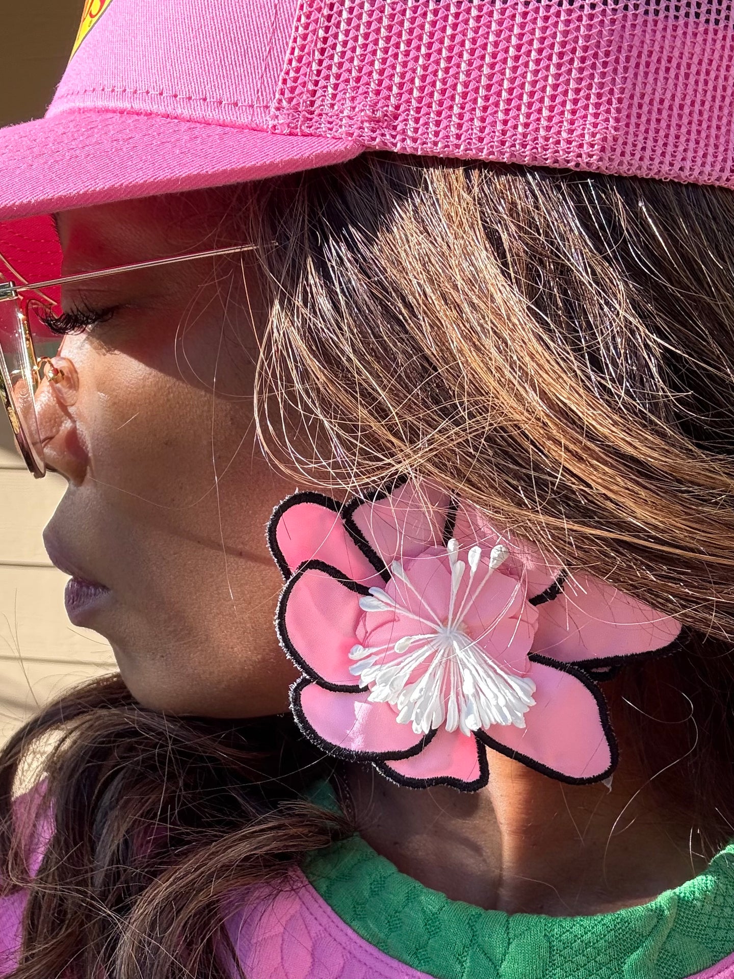 Trimmed Fabric Flower Earrings - Pink