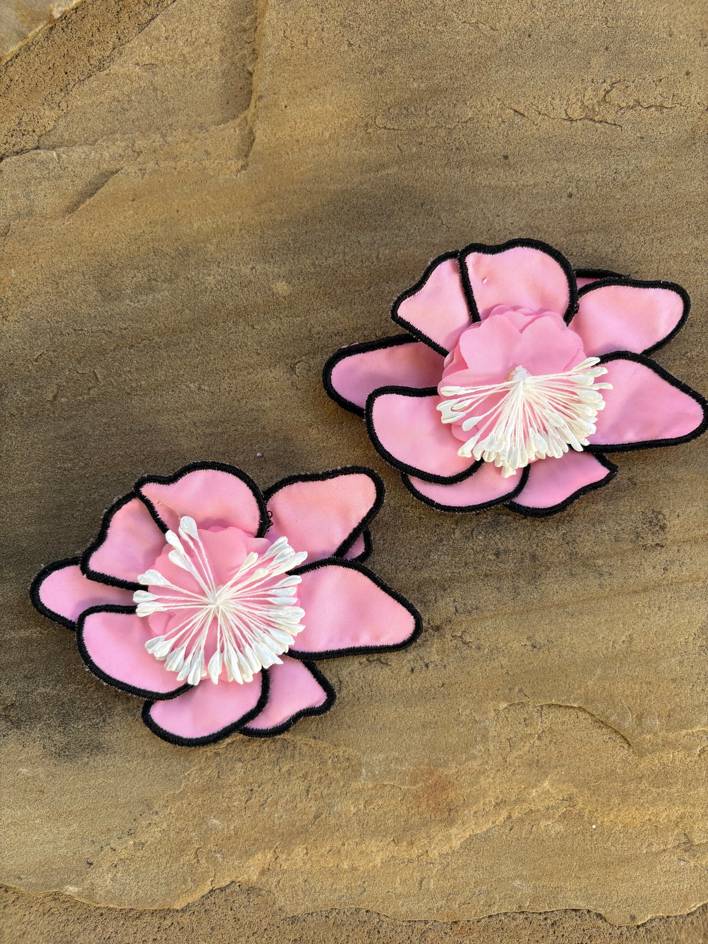 Trimmed Fabric Flower Earrings - Pink