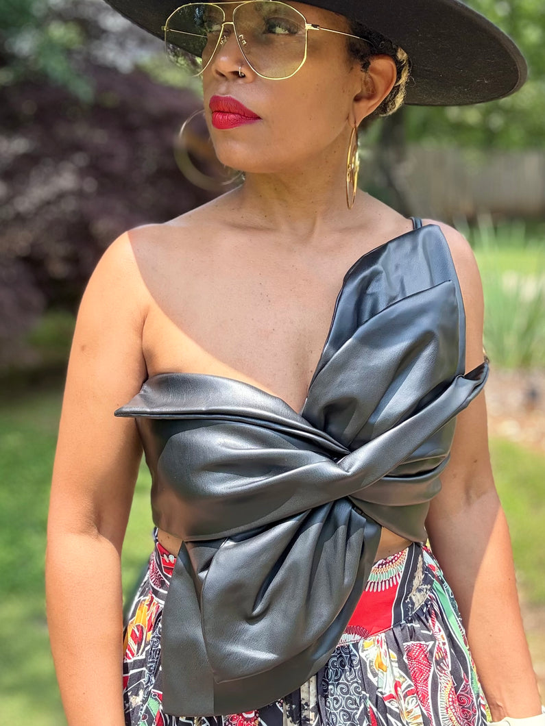 Faux Leather Twisted Petal Top - Black