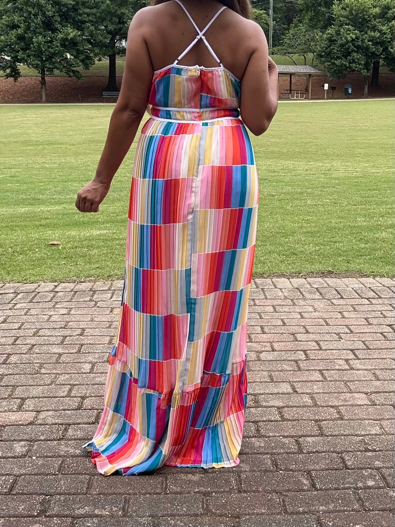 color block pleated maxi dress Debby Color Block Asymmetrical Pleated Maxi Dress M / Neutrals