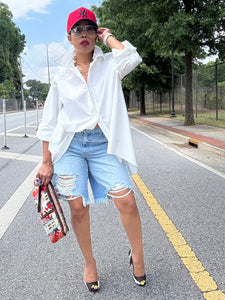 Distressed Mid Waist Bermuda