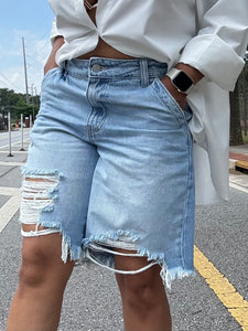 Distressed Mid Waist Bermuda